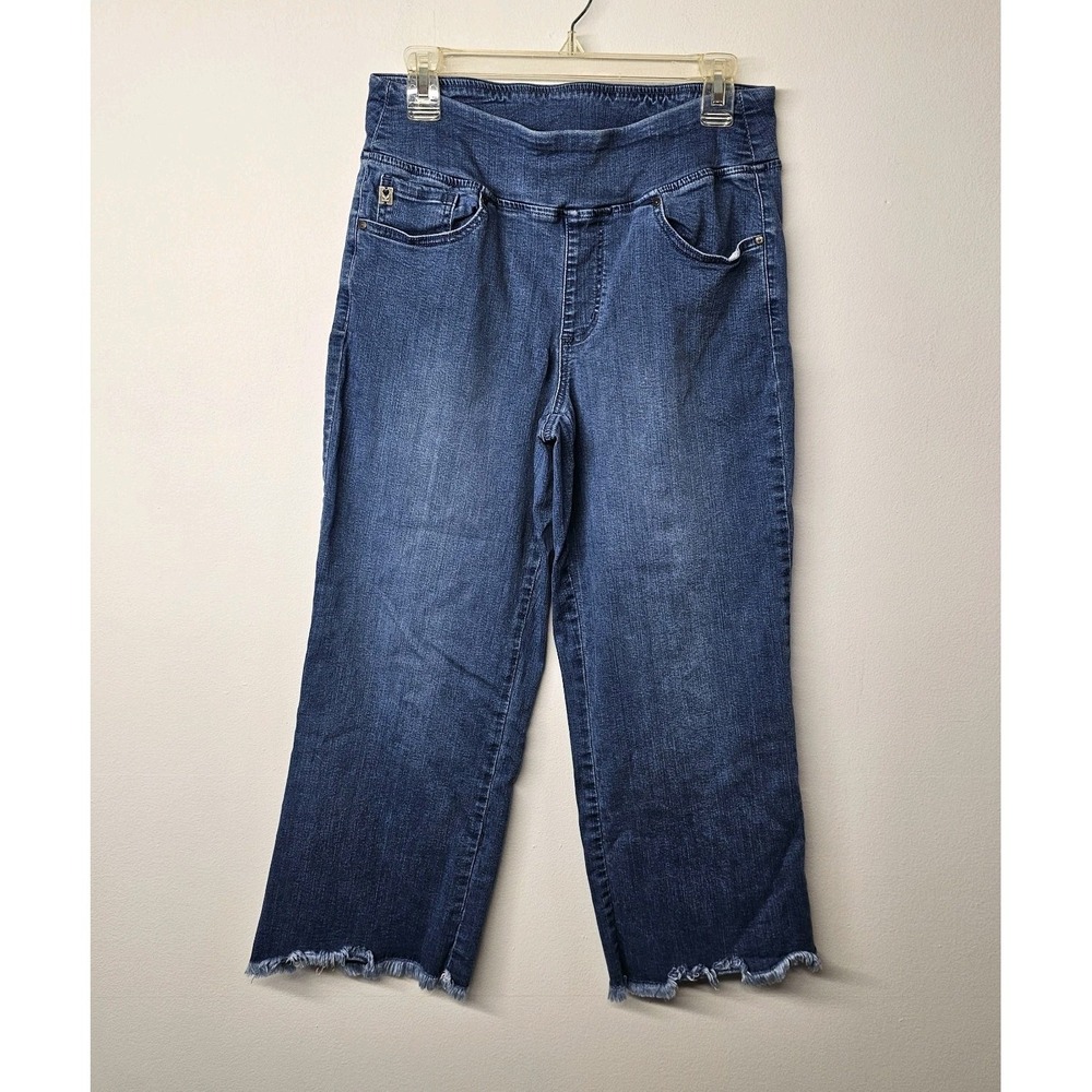 Belle‎ By Kim Gravel Size 12 Crop Stretch Blue Jeans Frayed Hem Stretchy EUC
